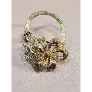 Vintage Brooch American Gold Round Bow Years 60 - Vtg Gold Tone Round Brooch D07